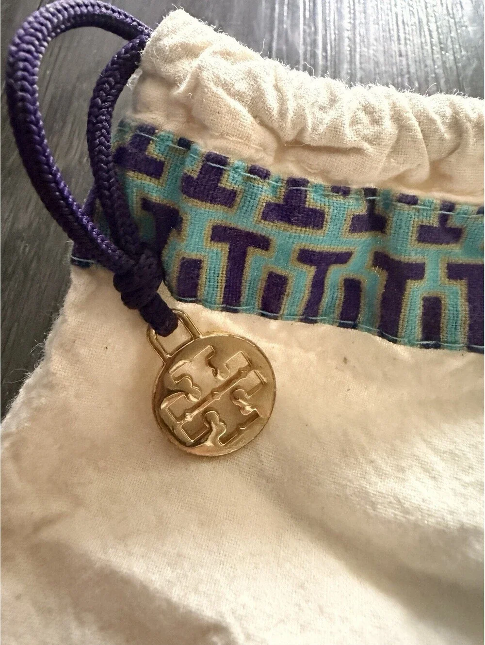 Tory Burch Large Dust Bag Drawstring Canvas Blue Trim 23x21.5 Gold Logo Charm
